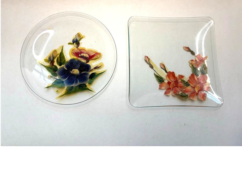 (2) Vintage Chance? Hand Painted Glass Plate Decorative Plates Floral Reverse